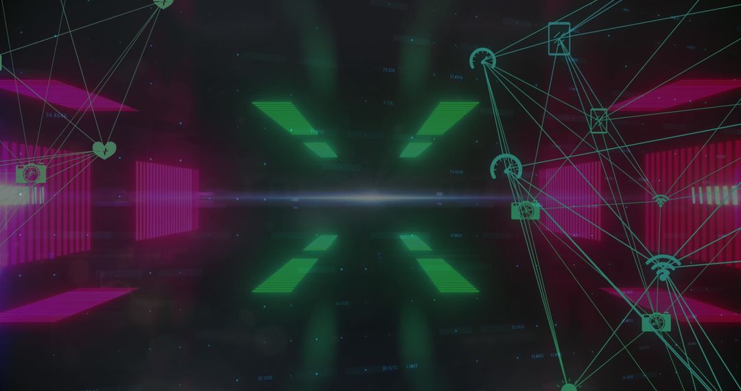 Digital Interface with Spinning Icons and Financial Data Visuals