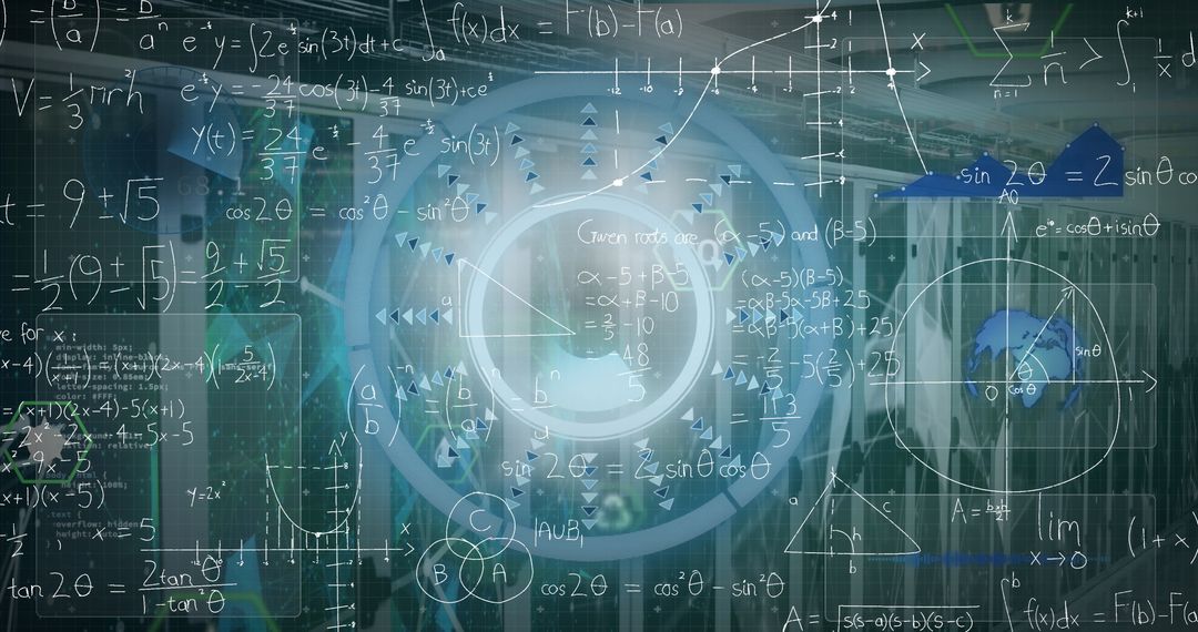 Futuristic Interface with Math and Physics Formulas in Data Center