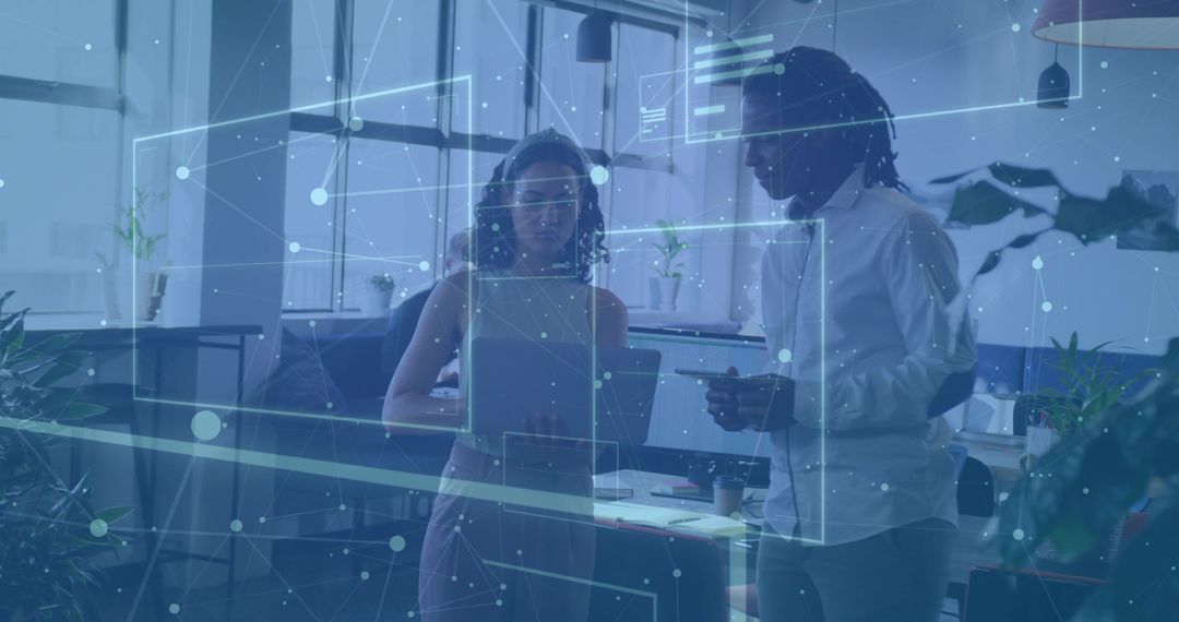 Experts Analyzing Futuristic Holographic Interface in Modern Workspace