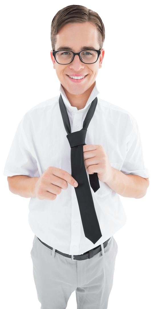 Smiling Man Adjusting Tie on Transparent Background
