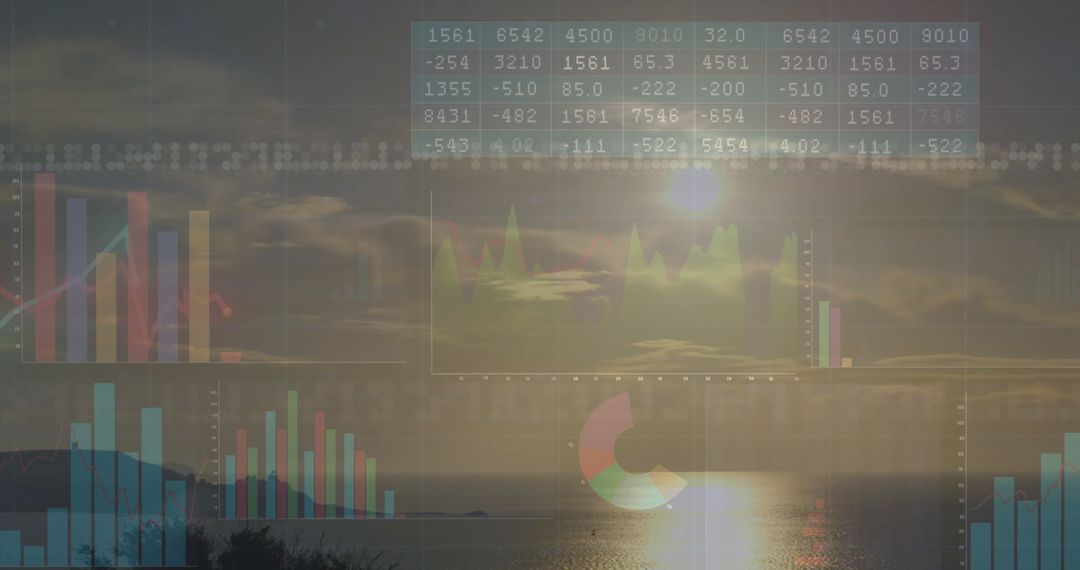 Digital Data Visualization Overlay on Serene Ocean Sunset