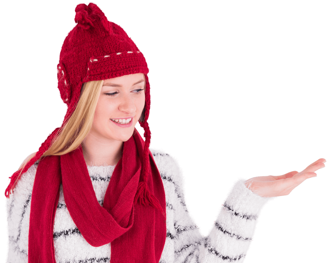 Caucasian Woman in Red Winter Clothing Displaying Transparency