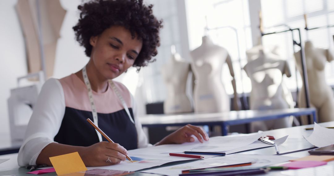 African American Female Fashion Designer Sketching in Studio - Free Images, Stock Photos and Pictures on Pikwizard.com