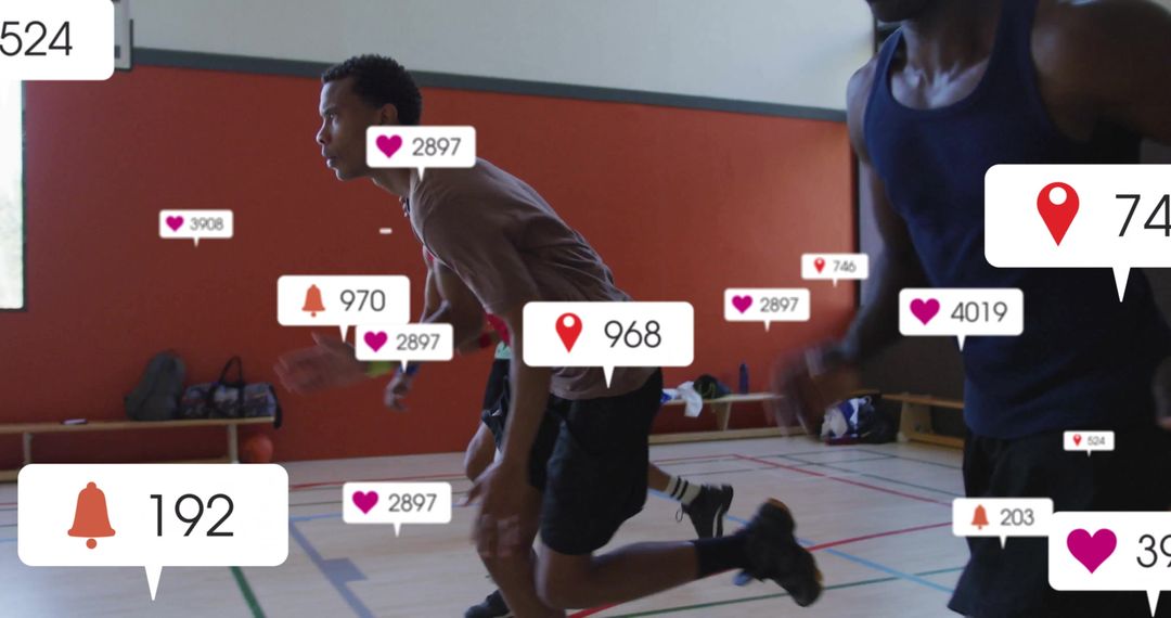 Athletes Sprinting Indoors with Dynamic Notification Icons Overlay