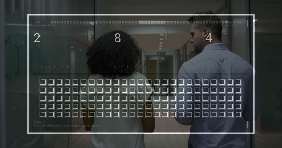 Colleagues Entering Futuristic Office Corridor with Digital Interface