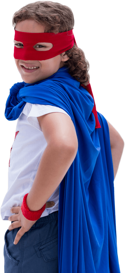 Cheerful Boy in Hero Cape Showing Confidence on Transparent Background