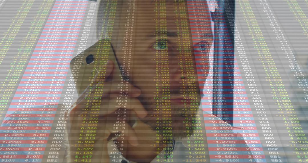 Professional Analyzing Stock Data on Call with Digital Overlay