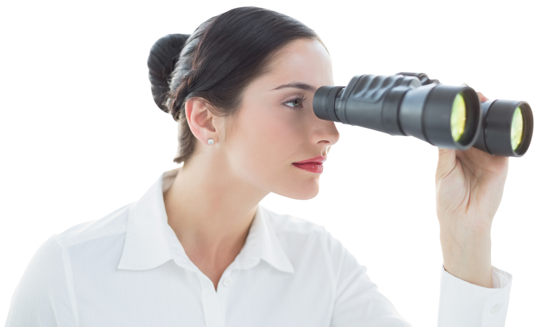 Transparent Business Woman Peering through Binoculars in Professional Setting - Download Free Stock Images Pikwizard.com