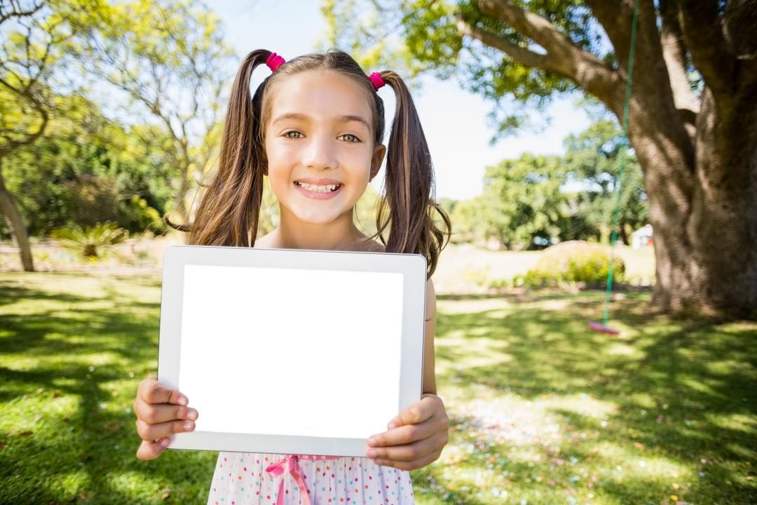 Smiling Girl Holding Blank Digital Tablet in Park Setting - Download Free Stock Images Pikwizard.com