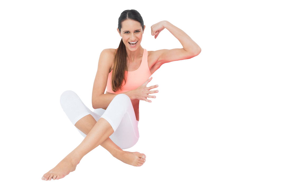 Caucasian Woman Flexing Biceps on Transparent Background