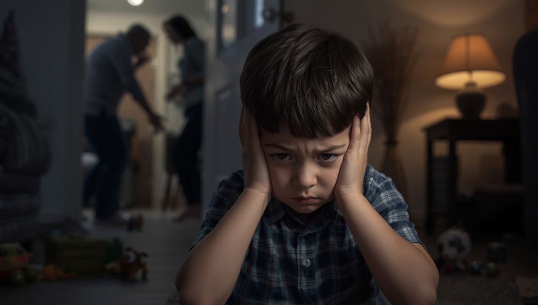 Stressed Child Covering Ears During Parental Dispute