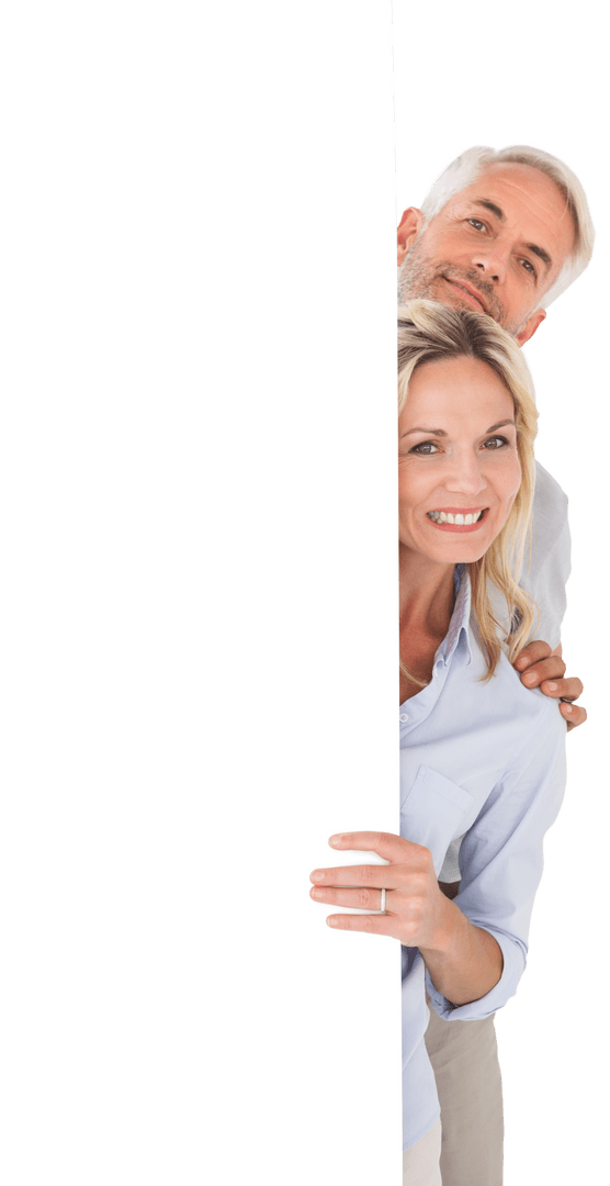 Smiling Mature Couple Behind Transparent White Board