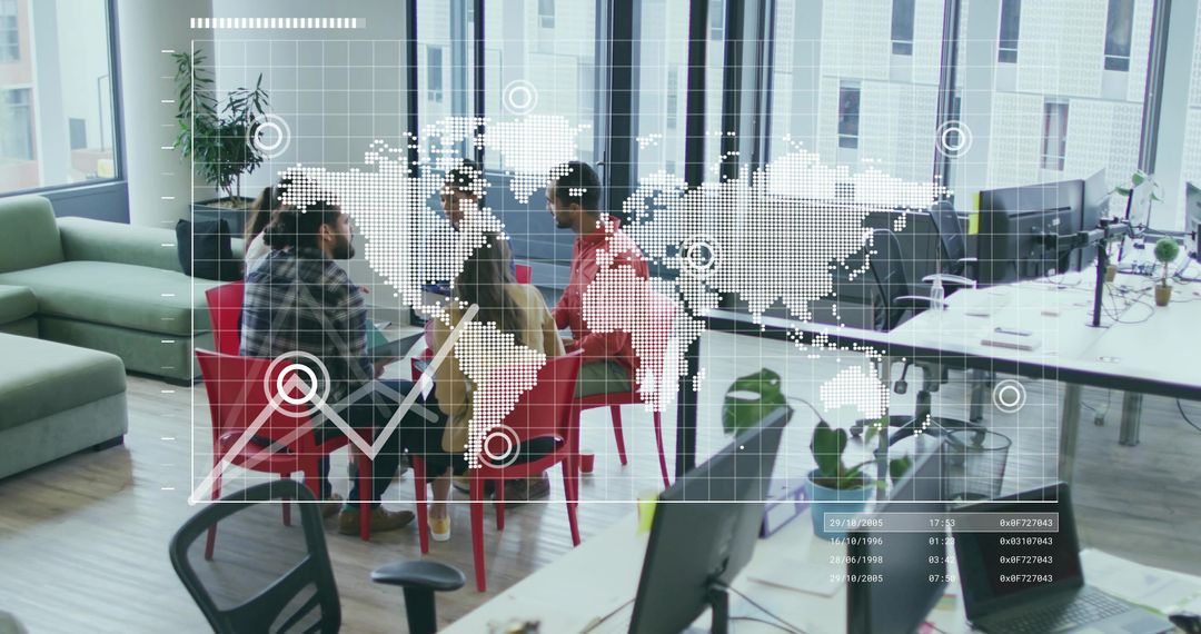 Innovative Team Meeting with Digital Map Overlay in Modern Office