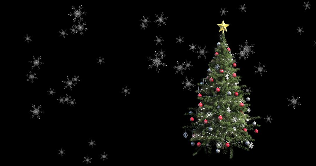 Digital Christmas Tree with Falling Snowflakes on Black Background