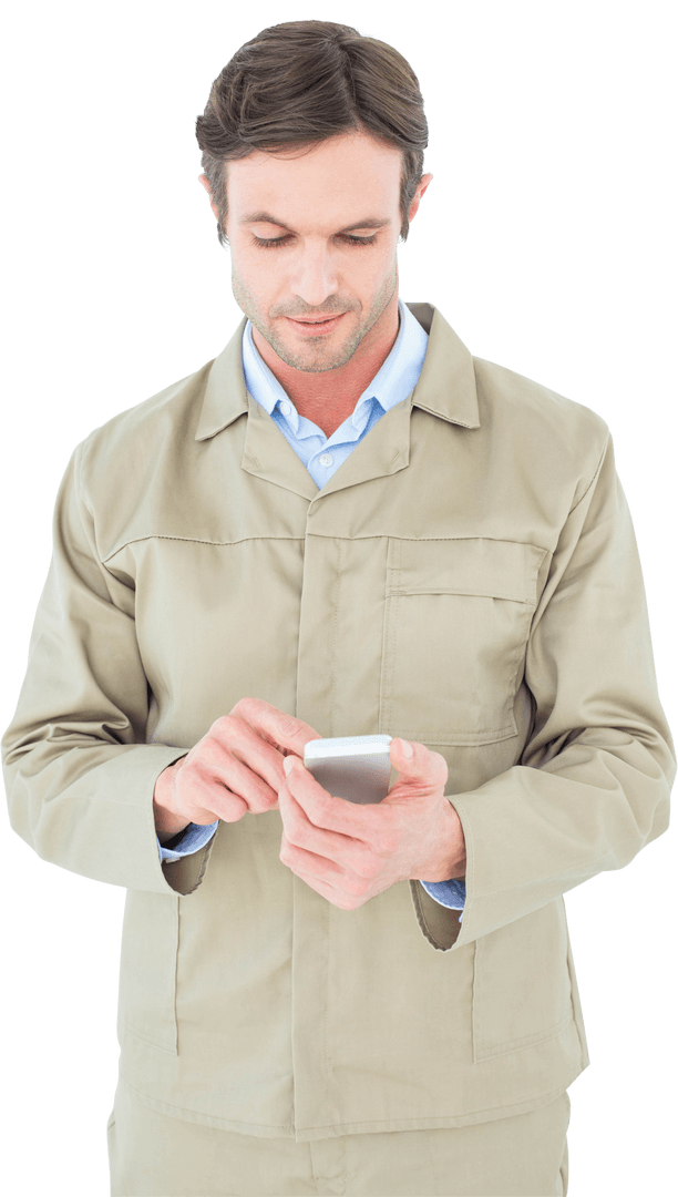 Transparent Delivery Man Using Smartphone Checking Information