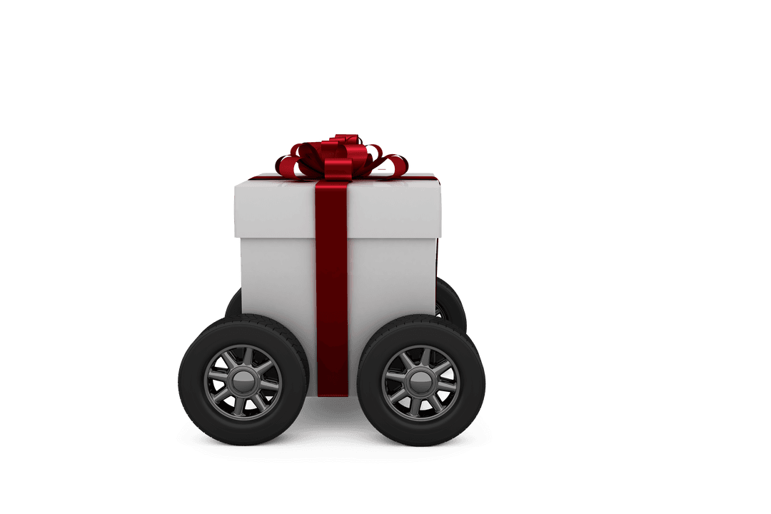 Transparent Gift Box with Red Ribbon on Wheels