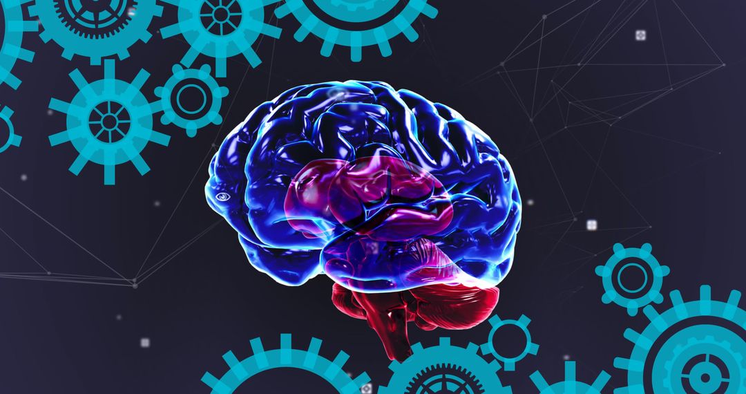 Abstract Brain with Gears on Dark Digital Background