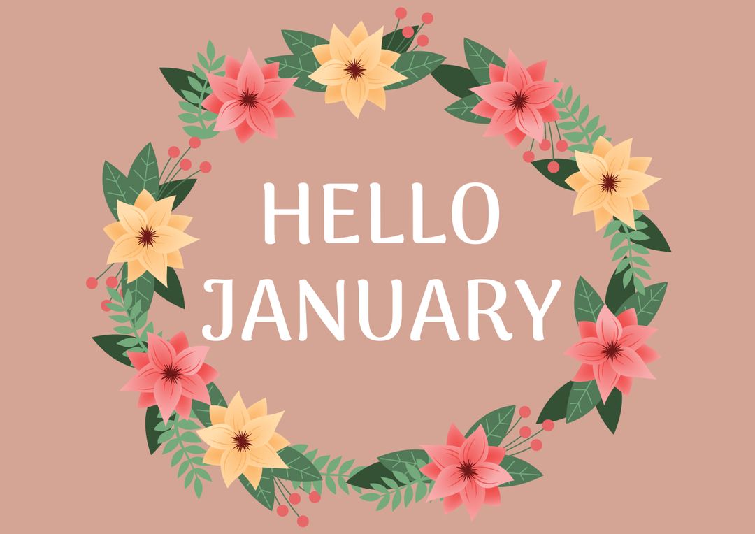 Digital composite image of hello january text inside floral wreath against colored background - Free Images, Stock Photos and Pictures on Pikwizard.com