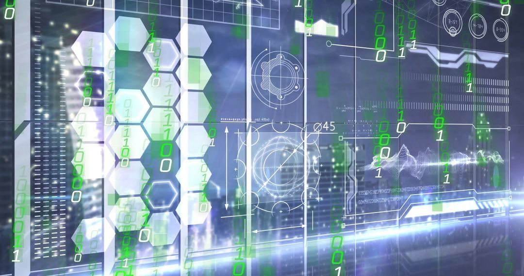 Futuristic Digital Interface Over Cityscape with Binary Code Elements