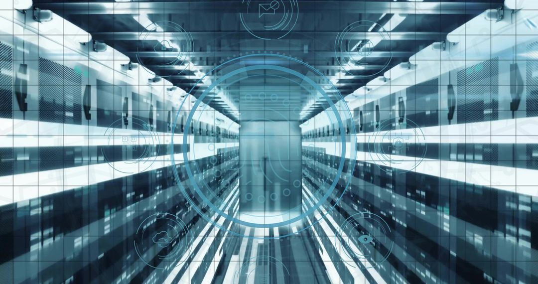 Futuristic Data Center with Virtual HUD Overlays