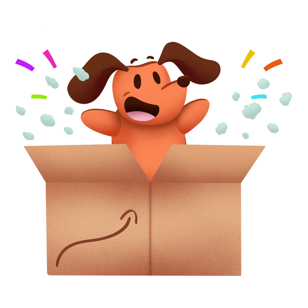 Playful Orange Cartoon Dog in Box on Transparent Background
