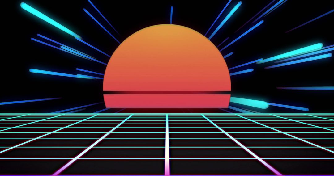 Retro Futuristic Neon Sunset with Geometric Grid