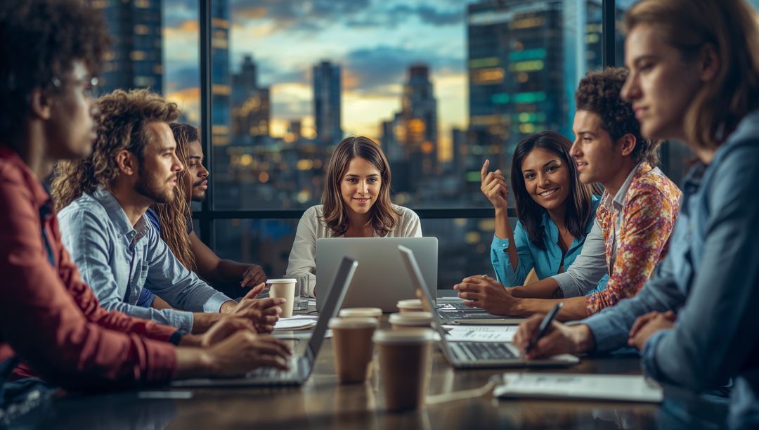 Diverse Team Collaborating in Modern Boardroom With Cityscape Background