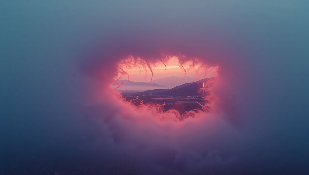 Glowing Pink Aperture in Misty Valley at Dawn