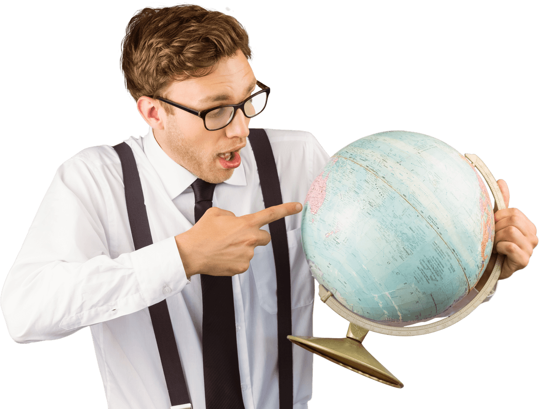 Transparent Geeky Businessman Pointing at Globe for Travel Concept