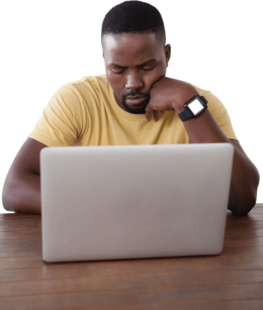 Thoughtful Man Working on Laptop with Transparent Background