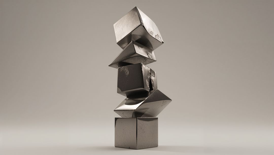 Balancing Metallic Cube Sculpture in Minimalist Studio