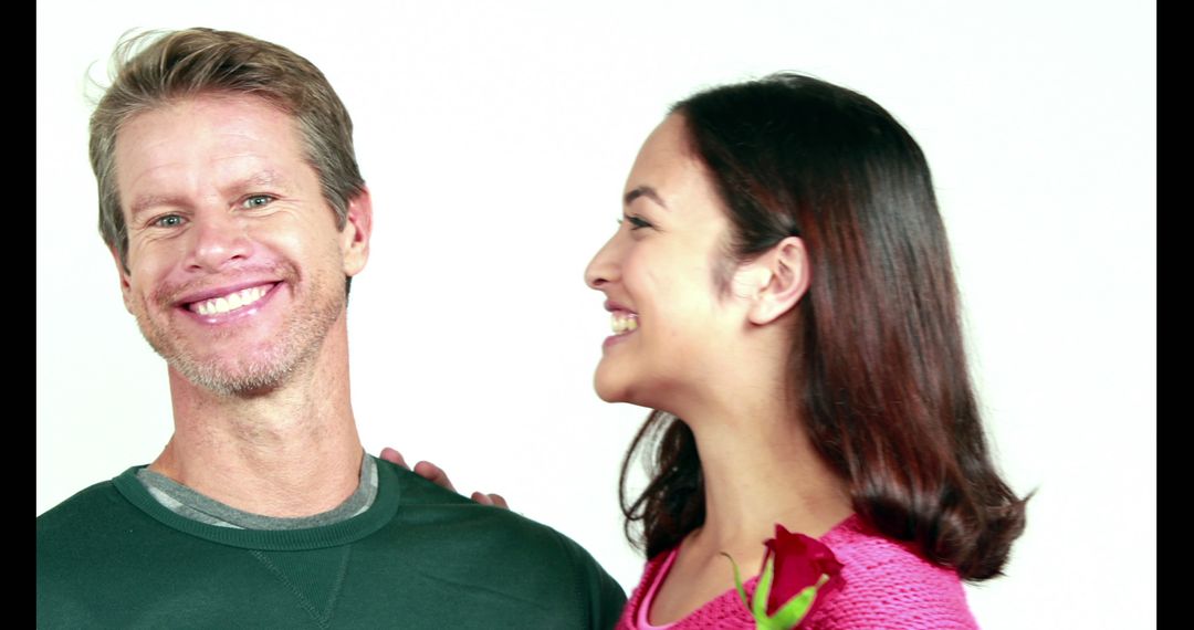 Smiling Couple in Love Holding Rose with Copy Space