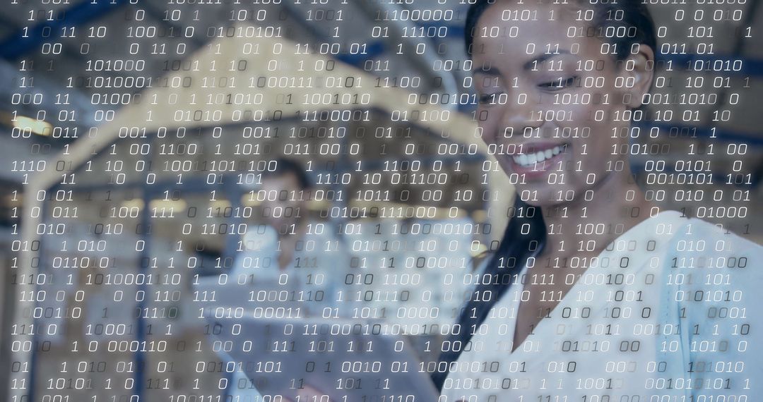 Businesswoman Analyzing Data with Advanced Binary Code Overlay