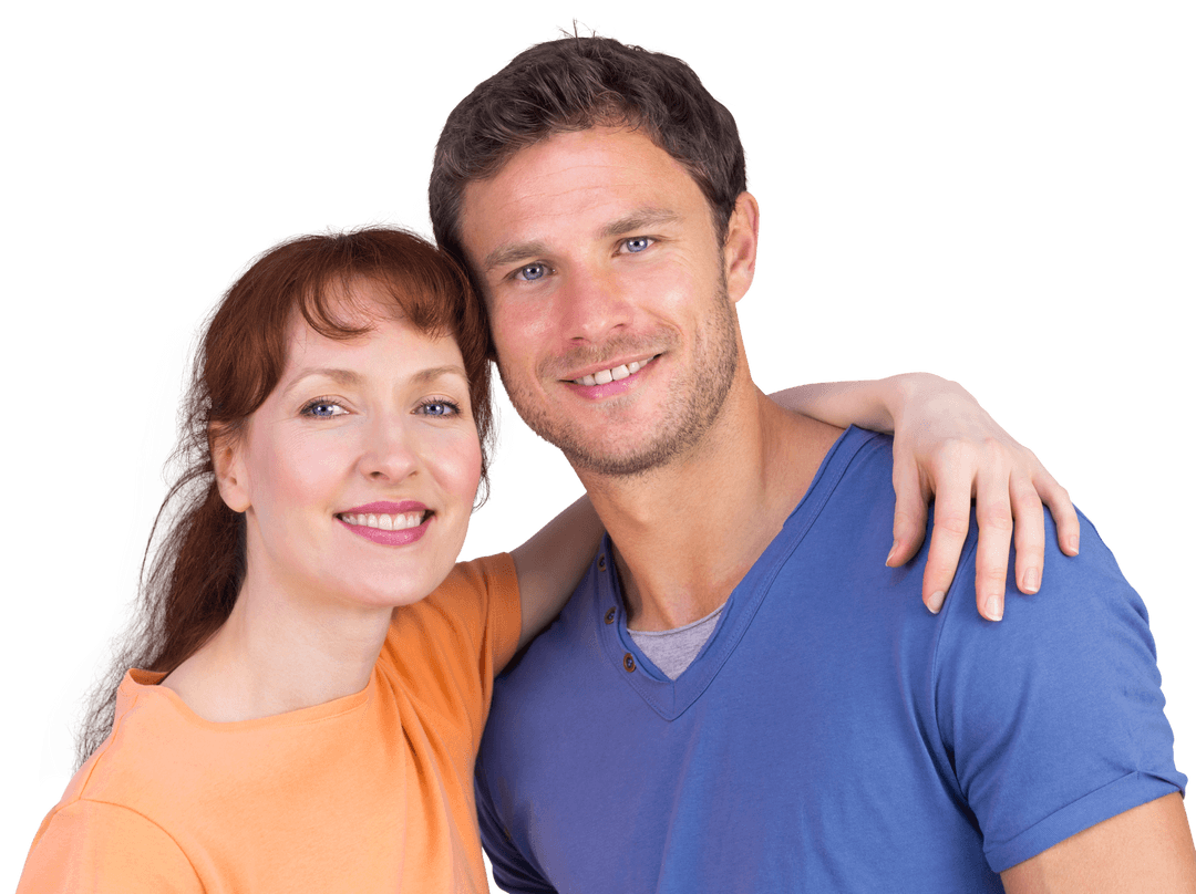 Transparent Smiling Couple Embracing and Posing Confidently