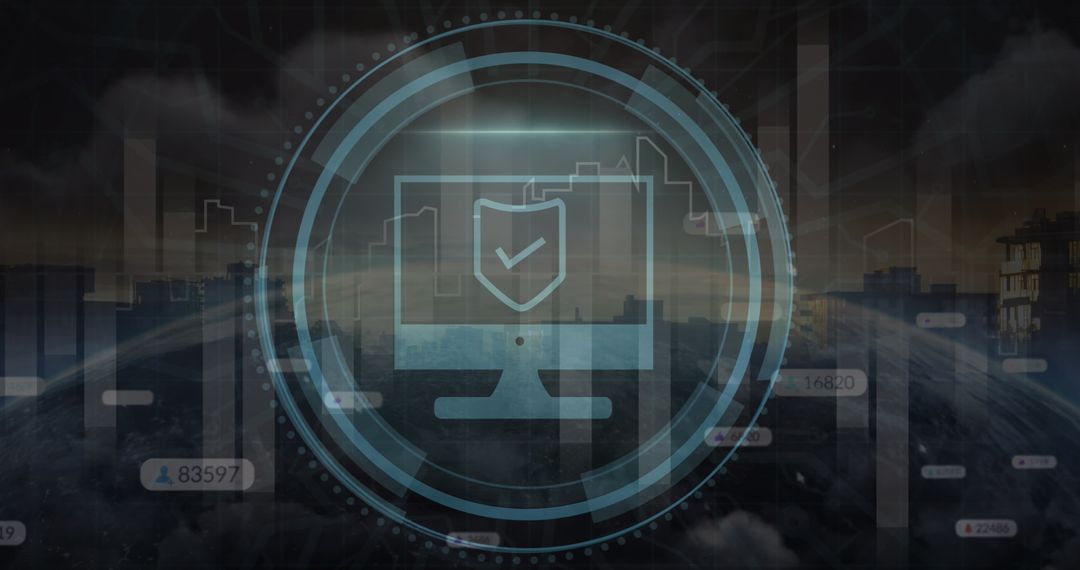 Digital Interface and Cybersecurity Shield Over Cityscape