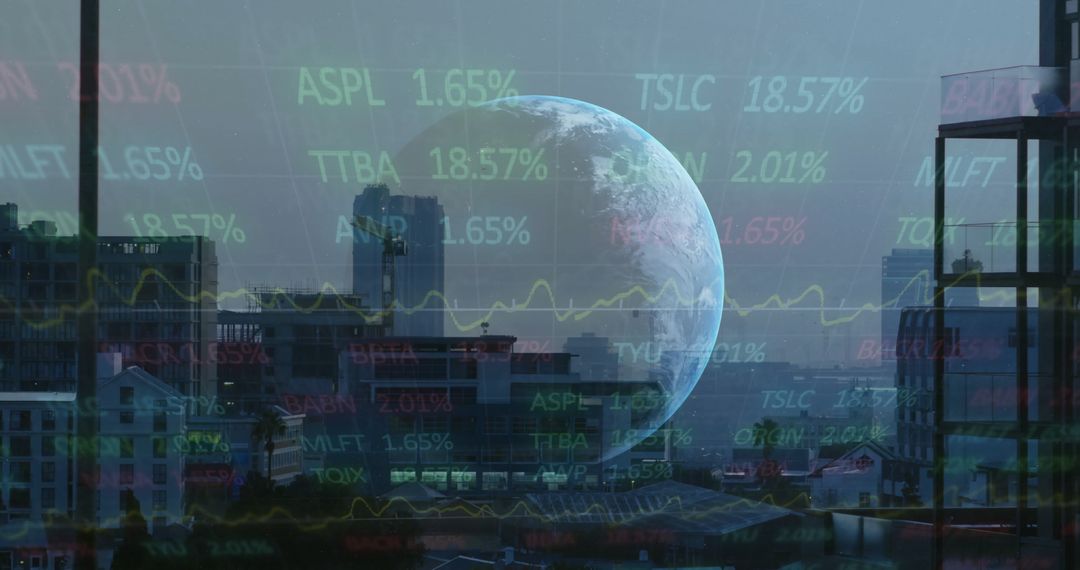 Planet Earth Over City Skyline with Advanced Stock Ticker Symbols