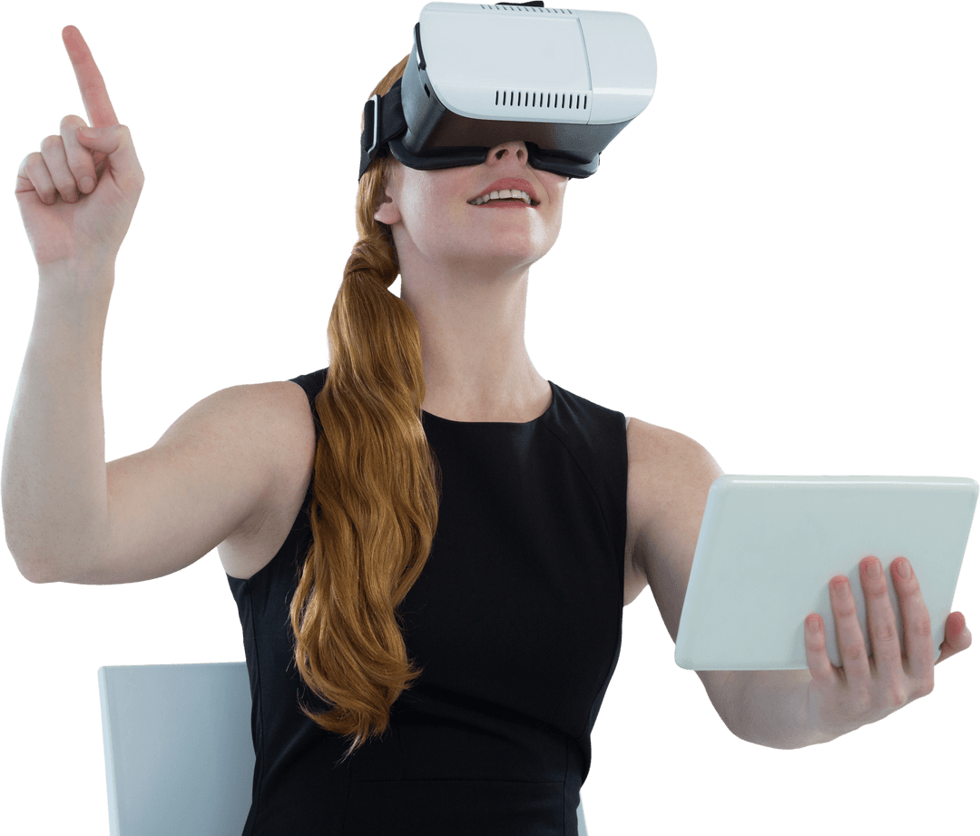 Transparent Female Executive Using VR Headset with Digital Tablet