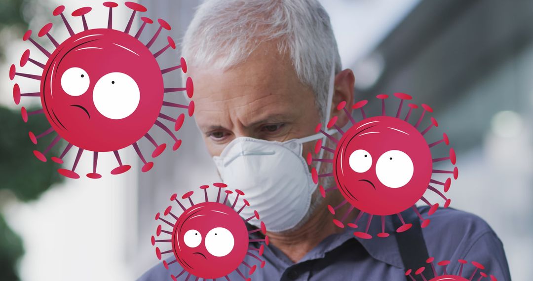 Senior Man Wearing Face Mask Surrounded by Illustrated Virus Cells