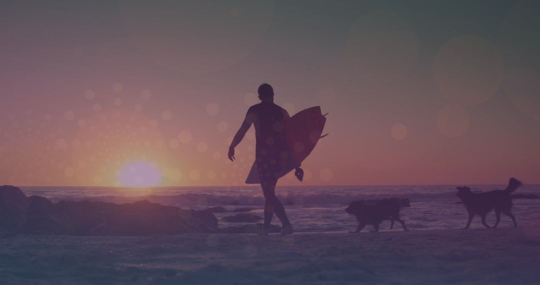 Man with Surfboard Strolling at Sunset by Ocean