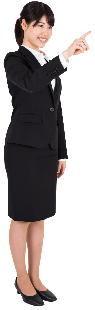 Transparent Smiling Asian Businesswoman Interacting with Virtual Interface