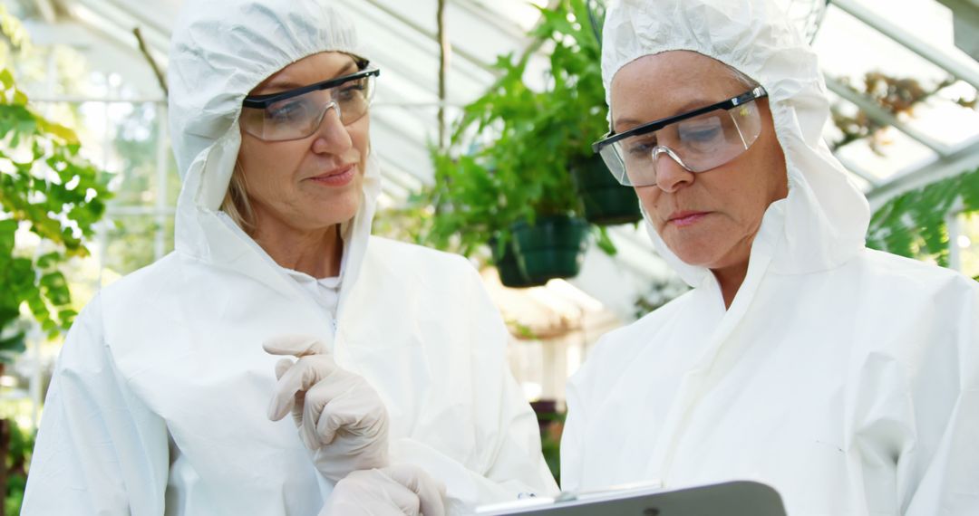 Scientists Wearing Protective Gear Analyzing Data on Clipboard in Greenhouse - Free Images, Stock Photos and Pictures on Pikwizard.com