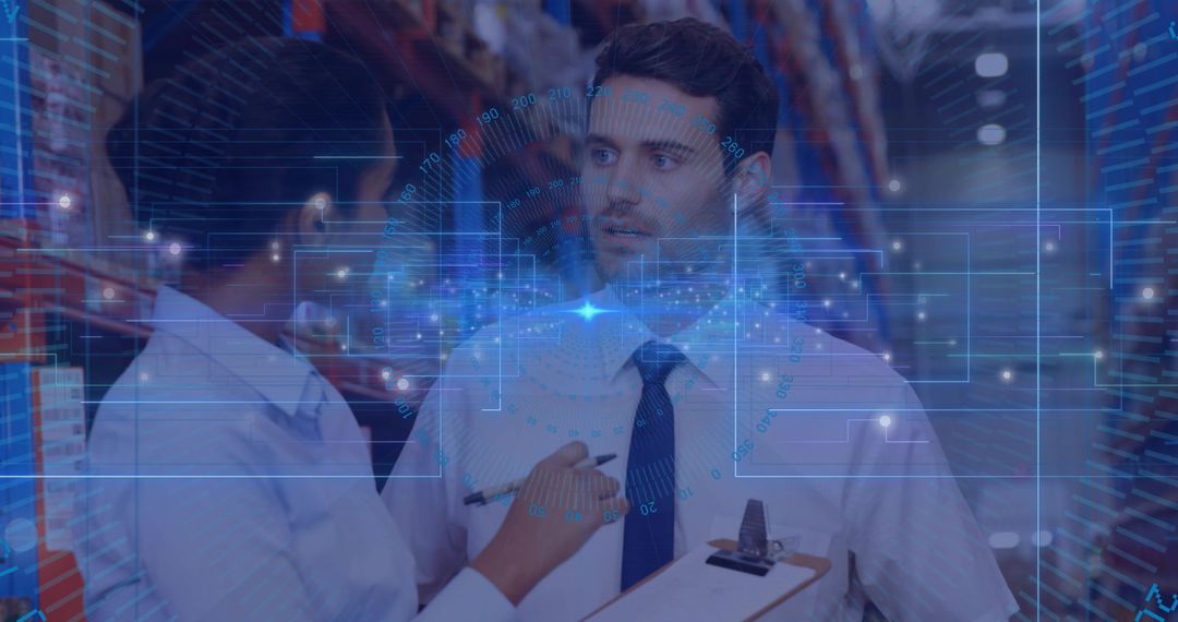 Warehouse managers inspecting inventory with digital HUD overlay for smart logistics