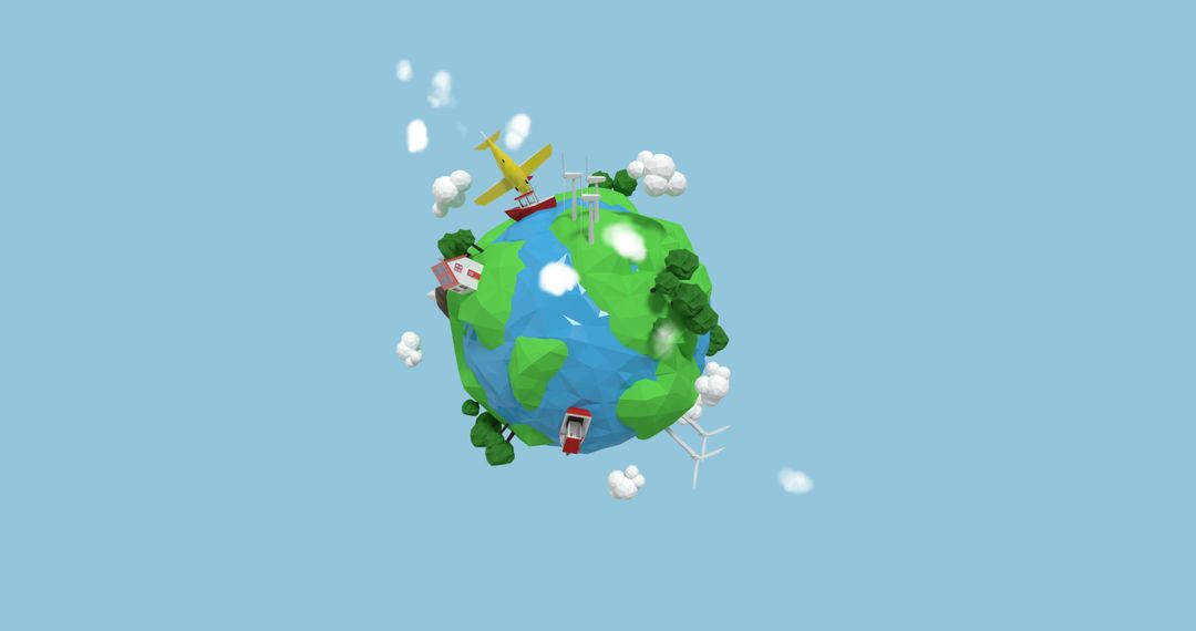 3D Low-Poly Globe with Airplane and Buildings Surrounded by Trees