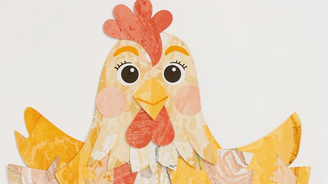 Whimsical Paper Collage Chicken with Textured Feathers on White Background