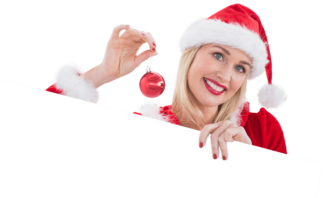 Transparent Santa Woman Holding Bauble Showing Blank Card