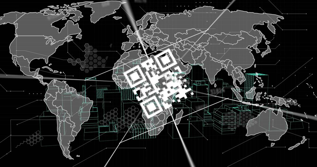Futuristic QR Code with Digital Global Network Overlay