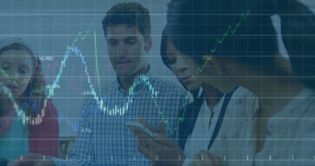 Diverse Team Analyzing Business Data with Digital Graph Overlay