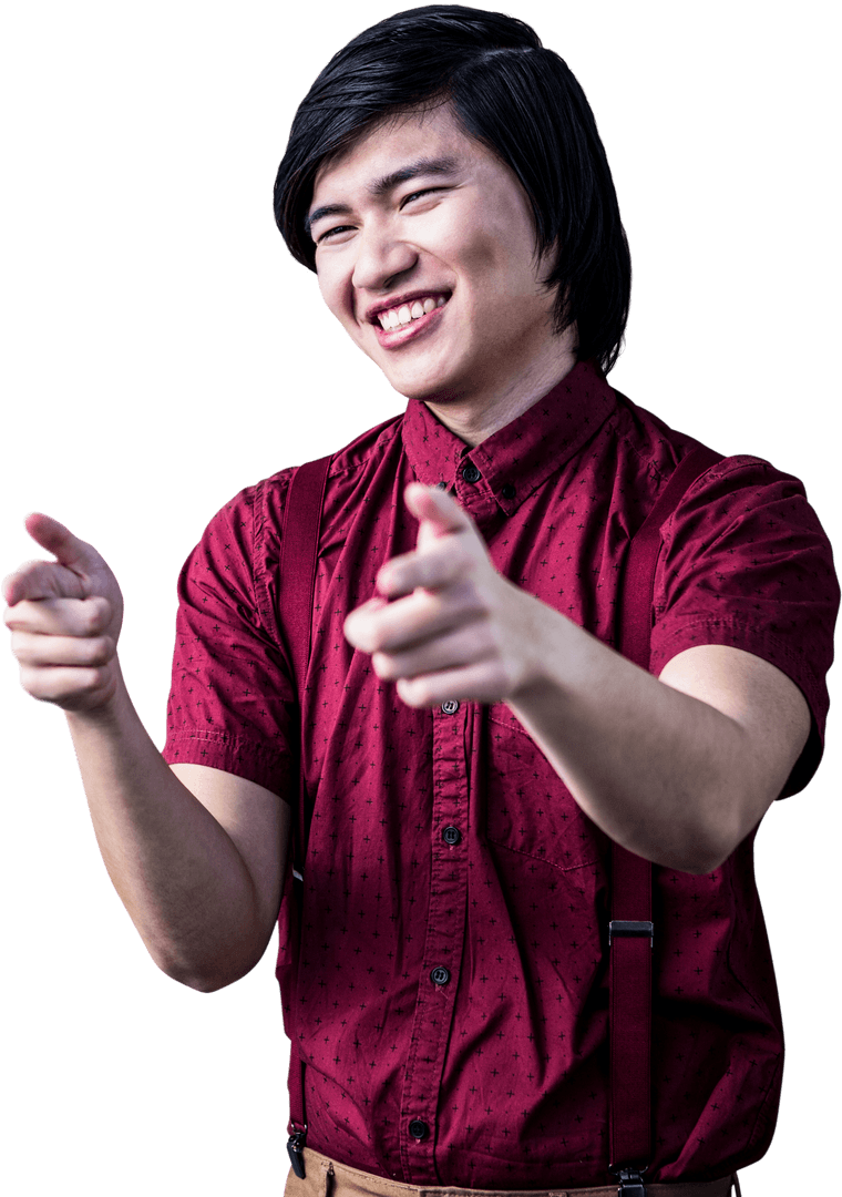 Smiling Hipster Pointing in Red Shirt on Transparent Background