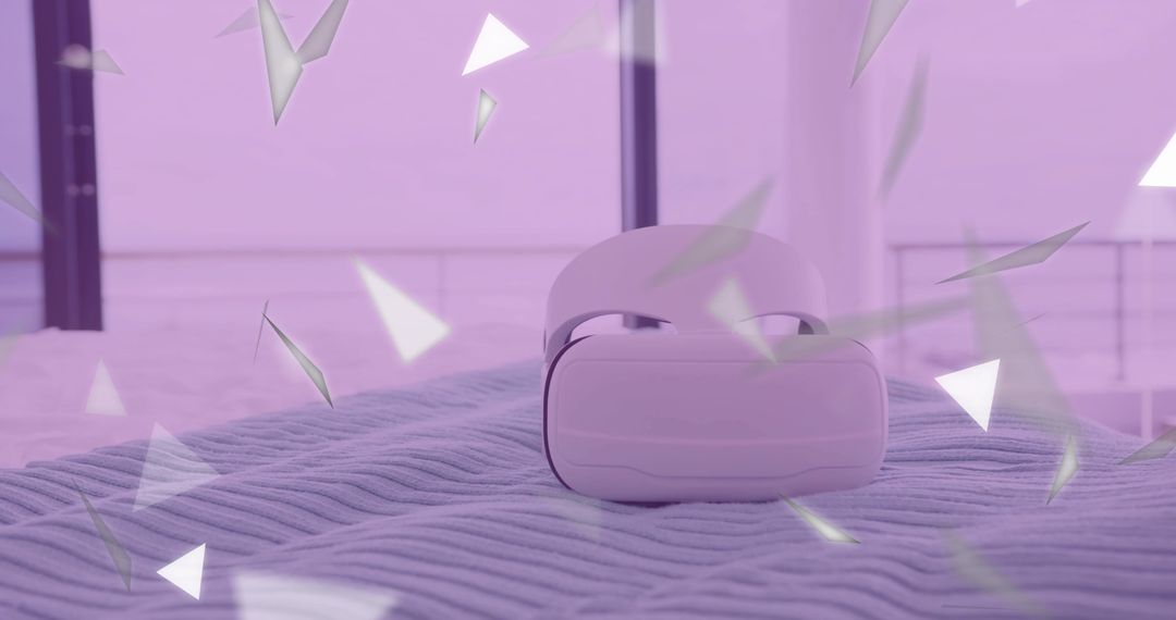 White Virtual Reality Headset with Falling Geometric Shapes