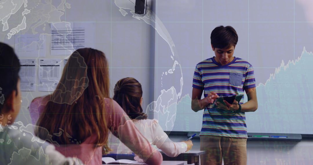 Student Presenting with Tablet in Globalized Classroom